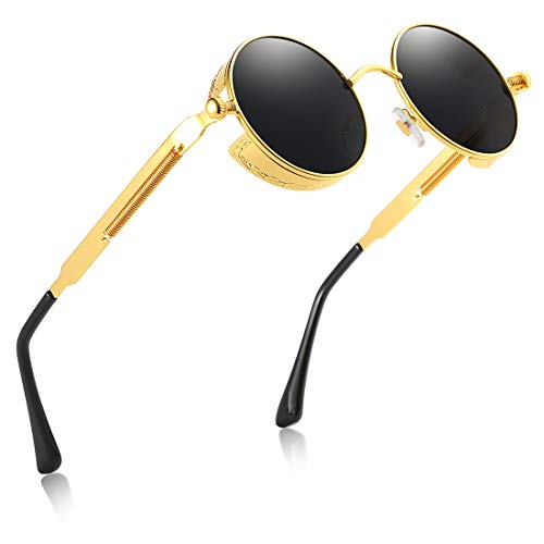 Retro Round Gothic Circle Steampunk Polarized Sunglasses Metal Alloy Polarized Sun glasses for Men Women (Gold Frame Grey Lens, POLARIZED LENS & 100% UV400)