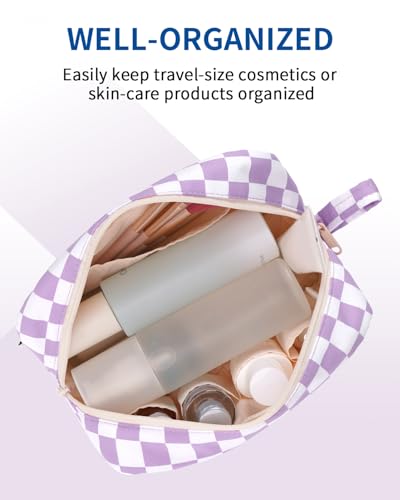 Image of Narwey Checkered Makeup Bag Travel Cosmetic Bag Organizer Small Toiletry Bag Make Up Bags with Organized Pockets for Women (Purple Checkerboard, Large)