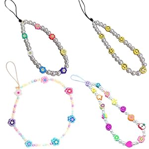 Smiley Face Flower Phone Lanyard Cute Y2k Acrylic Bead Pearl Anti Lost Mobile Phone Chain for Women Girl(4pcs)