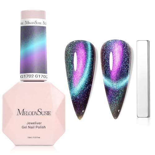 Image of MelodySusie 9D Chameleon Cat Eye Gel Nail Polish, 0.5 Fl Oz Blue Glitter Holographic Magnetic Nail Polish with Magnet, UV Nail Polish for Nail Art Manicure Salon DIY at Home G1702