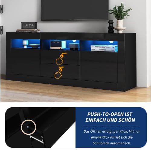 Merax 160 cm TV-Schrank mit LED-Beleuchtung, Hochglanz TV Board für 70 Zoll Fernseher, Push-to-Open Schubladen, 3 offene Fächer & Musiksteuerung, Smart App Steuerung für Wohnzimmer