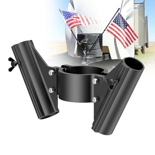 RV Dual Flag Pole Mount for 2 and 2 Tongue Jack Heavy Duty Aluminum Camper Flagpole Holder Fit Double 1 Flag Pole Bracket RV Trailer Essentials with Quick Lock Wing Screws Drain Holes