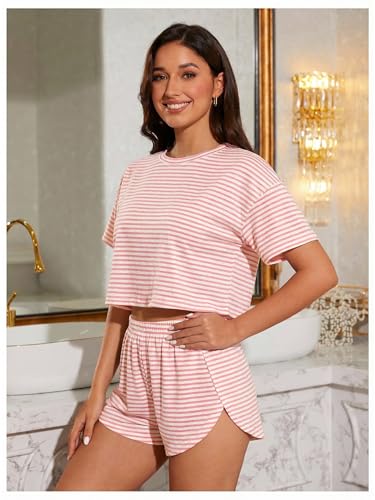 Image of OYOANGLE Womens Pajama Sets 2 Piece Sexy Lounge Sets Summer Cute Pjs Striped Print Tee and Side Split Shorts Set