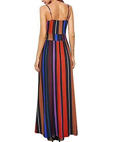 Image of Newshows Women's Summer 2026 Dress V Neck Spaghetti Strap Dress Boho Behemian Casual Floral Split Long Maxi Trendy Mexican Sundress (Stripe Floral Black, Large)