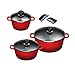 Produktbild King Aluguss Kochtopfset aus 3 Kochtöpfen mit Deckeln und 2 Henkelpads, Fusion beschichtet, rot, Ø ca. 16, 20, 24 cm