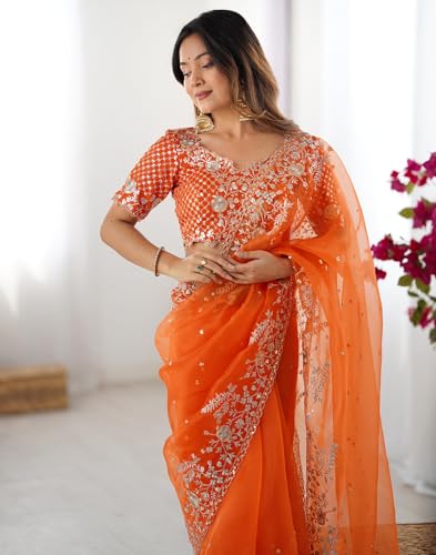 Image of SIRIL Women's Organza Sequence Embroidery Saree With Unstitched Blouse Piece