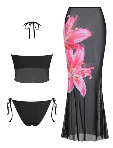 Image of ZAFUL Women 3 Piece Bikini with Cover Up Skirt Halter Bandeau Swimsuit Floral Tie Side Cheeky Bathing Suit