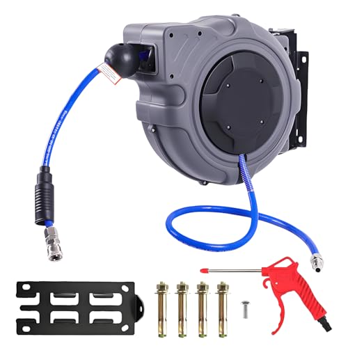 エアーホースリール 15m 壁掛け 天吊対応 伸縮式スプリング 180°回転 ホースリール 自動巻き取り エアホース 外径φ10mm 内径6.5mm エアードリル ネイルガン エアーダスター ブラケット付 空気圧工具 工場 車整備