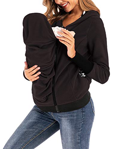 Huixin Chaqueta De Transporte para Mamá Y Bebé 3 En 1 Lana Polar Chaqueta De Canguro Softshell Chaqueta De Maternidad Encapuchado Mujer Embarazadas con Inserto para Bebé (Negro,XL)