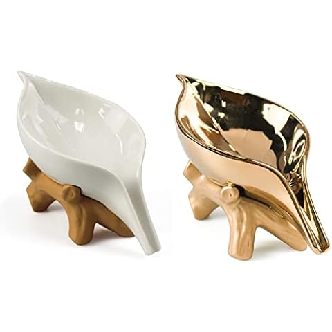 White and Gold Leaf Soap Dish for Shower,Ceramic Soap Holder with Stump Bathroom Ring Dish Holder for Jewelry Engagament Wedding Birthday Gifts White Cover