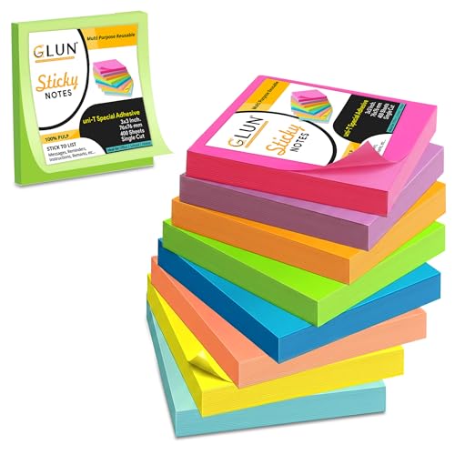 Image of GLUN Pack of 400 Bright Neon Sticky Note Sheets (3x3 Inch) Extra Strong Adhesive Memo Pads for Reminders, Lists & Study Notes