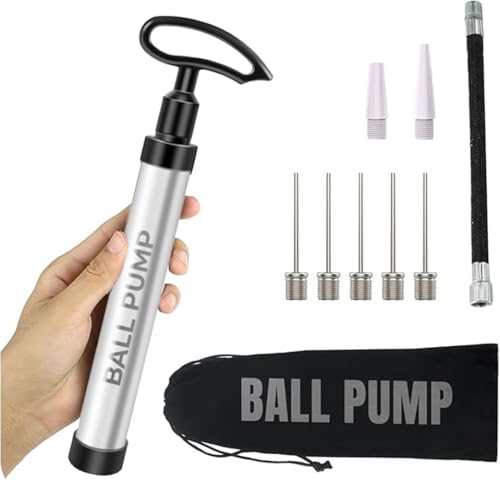 Active 100 Portable Ball Pump with Needle - Hand Pump with Nozzle & Extension Hose, for Football, Basketball, Volleyball, Durable Aluminium-alloy Tube,Ergonomic Design, Fast Air Inflator (Silver)