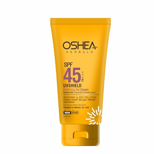 Image of Oshea Herbals UVShield Mattifying Gel Sunscreen SPF 45 PA+++ for Men & Women | Non-Greasy & Water-Resistant with UVA & UVB Protection | Enriched with Chamomile Extract - 60g