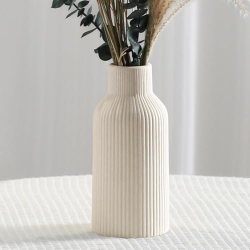 20cm Beige Matte Round Ceramic Vase, Modern Boho Decorative Flower Vase for Bedroom Living Room(Beige)