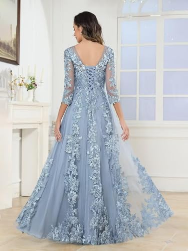Women's Lace Applique Mother of Bride Dresses for Wedding with Sleeves Tulle Beaded Long Formal Evening Gowns2