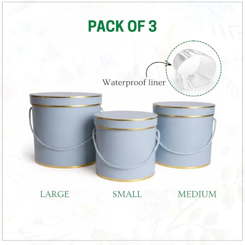 Image of Oasis Pack Of 3 Hamilton Flower & Holi Gift Hamper Boxes With Lid | Classic Bouquet Box With Rope Handle For Flower Arrangement & Decorative Gift Packaging Box With Waterproof Liner - Blue
