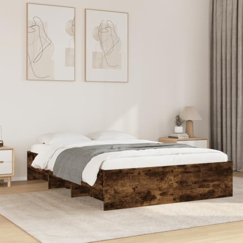 WKIEQACO Marco de cama sin colchón, roble ahumado, 135 x 190 cm, camas de madera de doble ingeniería y accesorios, camas y marcos de cama