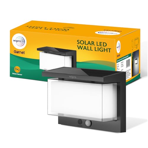 Image of Wipro Garnet Motion Sensor Solar Wall Light SW03 | 6 in 1 modes | Color Changing(Warm & Cool White) | Auto ON (Night) & OFF (Day) | IP65 | Outdoor Light for Home, Balcony, Patio, Stairs, Garden | Pk 1