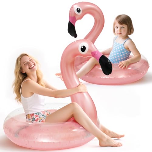 2PCS Flamingo Inflatable Pool Floats Adult Kids, Glitters Translucent Inflatable Pool Float for Kids Ages 6+, Fun Beach Floaties Summer Water Party Supplies（2 Size）