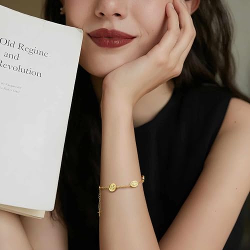 Gold Bracelets For Women 14K Gold Bracelet For Women Jesus Cross Bracelet For Womens Religious Cupid Coin Link Chain Virgin Mary Bracelets For Womens2