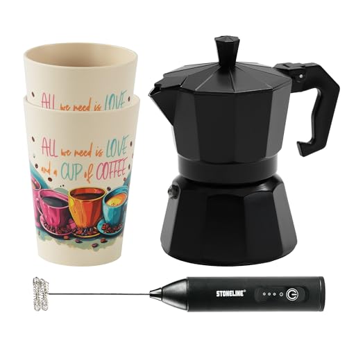 STONELINE Espressokocher Induktion aus Aluguss 170 ml, 4 Tassen, für alle Herdarten, Italienischer Kaffeekocher Moka Mokkakanne Induktionsgeeignet, Set mit Becher & Milchaufschäumer, Schwarz STONELINE Espressokocher Induktion aus Aluguss 170 ml, 4 Tassen, für alle Herdarten, Italienischer Kaffeekocher Moka Mokkakanne Induktionsgeeignet, Set mit Becher & Milchaufschäumer, Schwarz
