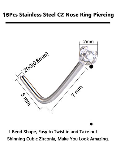 Mudder 15 Pieces 20 Gauge l Shaped Nose Ring Curved Cubic Zirconia Nose Studs Bend Bar Piercing Jewellery for Women Men 15 Colors4