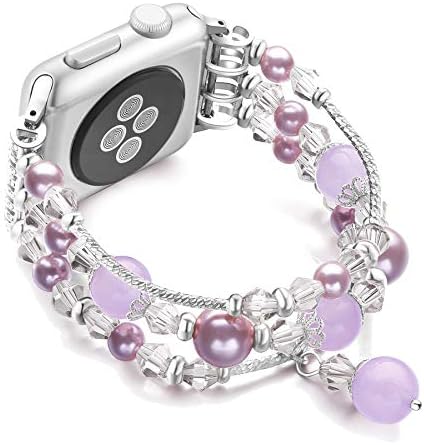 JuQBanke Compatible for Apple Watch Band 38mm 40mm, Jewelry Fashion Stretch Crystal Pearl Bracelet Replacement Womens Strap, Compatible for iWatch Series 5/4/3/2/1(Silver Purple, S/M)