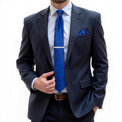 Image of DiBanGu Paisley Ties for Men Silk Necktie and Pocket Square Cufflinks Tie Clip Set Woven Classic Mens Tie for Wedding Party