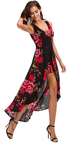 Kormei Womens Sleeveless Scoop Neck Floral Rayon Party Split Maxi Romper Dress2