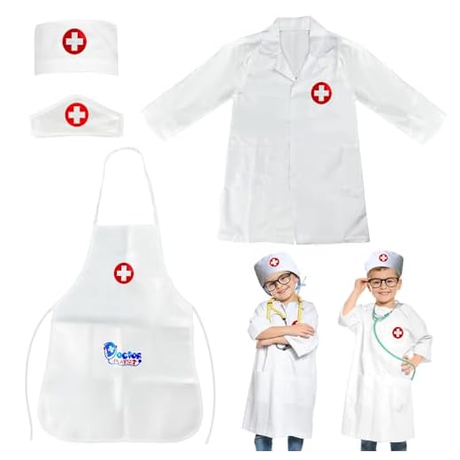 4 Piezas Bata Medico Niño, Disfraz Enfermera Niña con Sombrero, Disfraz Medico Niño, Disfraz Medico Niña, Disfraz Doctora Niña Adecuado para 3-7 Años Niños Halloween Pascua Cosplay Fiesta