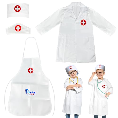 4 Piezas Bata Medico Niño, Disfraz Enfermera Niña con Sombrero, Disfraz Medico Niño, Disfraz Medico Niña, Disfraz Doctora Niña Adecuado para 3-7 Años Niños Halloween Pascua Cosplay Fiesta