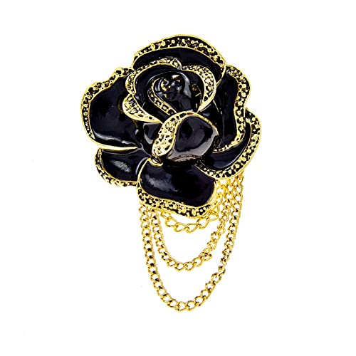 Broche rose noire en métal et pompon long pour femme