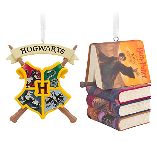 Hallmark-Harry-Potter-Hogwarts-Crest-and-Stacked-Books-with-Wand-Christmas-Ornaments-Set-of-2-0003HCM1141 Hallmark Harry Potter Hogwarts Crest and Stacked Books with Wand Christmas Ornaments Set of 2 0003HCM1141