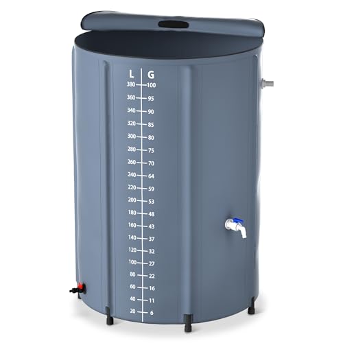 XMTECH Faltbare Regentonne Regenfass - Regenwassertonne Wassertank Regentank mit Wassereinlassgitter & Abflussventil Regenwassertank Ideal zum Bewässern oder Reinigen Ihres Gartens, 380L, Dunkelgrau