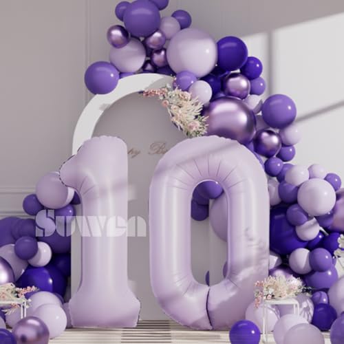 Image of SUWEN 40 Inch Light Purple Large 10 Balloon Number Big Foil Helium Lavender Number Balloons Huge Mylar 0-9 Giant Jumbo Happy 10th Birthday Party Anniversary Decorations