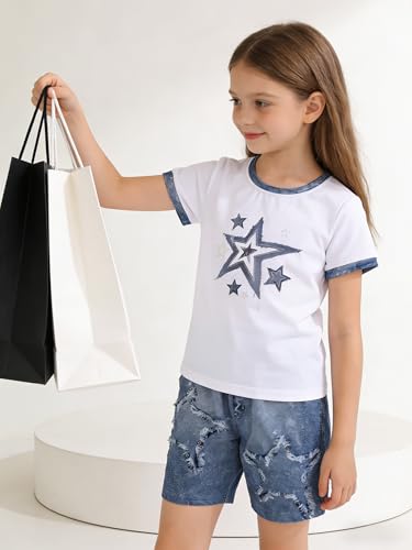 Image of Ayzozuy Kid Girl Clothes Shorts Set 2 Piece Outfits Summer Casual Short Sleeve Top and Shorts Set for Girls 4-7