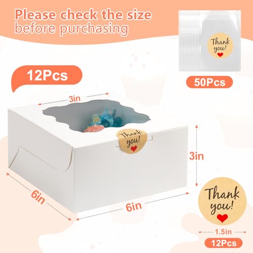 ZYFOTZUN 12 Pcs Cookie Boxes with Window, 6x6x3 Inches White Bakery Boxes, Treat Boxes with 50 Pcs Cookie Bags and 12 Pcs Stickers, for Dessert Pastry Chocolate Strawberries Macarons Donut Cupcake