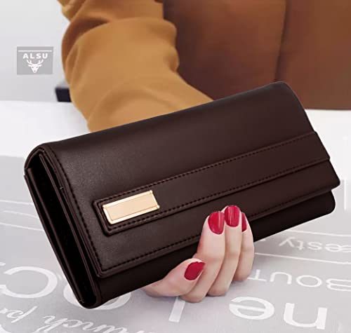 Image of ALSU Women's Hand Wallet Purse Clutch | Phone Pocket | Coin Compartment | Credit Card Slots| Zipper Pocket| Office use| Casual use| Faux Leather (Brown)