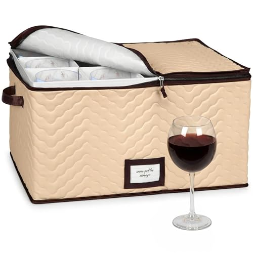 Wine Glass Storage Box with Dividers - Holds 12 Standard Size Wine Glasses up to 10" Tall - Stemware Storage Case - Protects Fine China - Durable Quilted Microfiber Bin with Carry Handles
