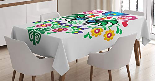 Ambesonne Gallus Tablecloth, Polish Pattern with Roosters Garden Happy Fashion Celebration Spring Slav Poland, Dining Room Kitchen Rectangular Table Cover, 52