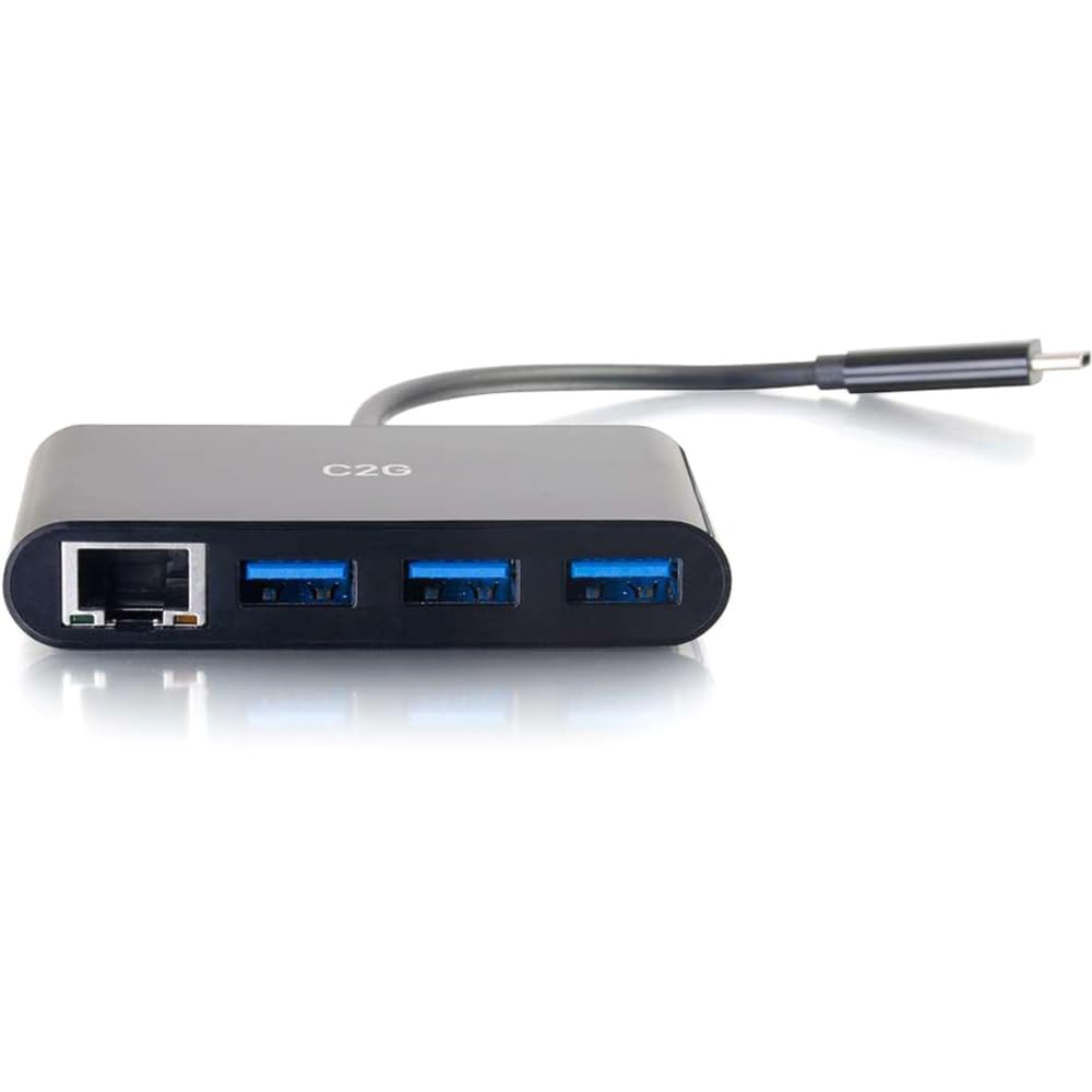 C2G Adaptador USB, concentrador USB, Adaptador Ethernet con alimentación, 3 Puertos, Negro, Cables para Llevar 29747
