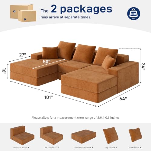 Image of Living&Giving 101 inch U-Shaped Cloud Sectional Couch for Living Room, Cloud Boneless Couch-No Assembly with Reversible Chaise, Customizable 3-Seat Modular Sectional Sofa with 2 Ottoman, Orange