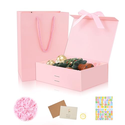 Geschenkbox mit Schleife, Wiederverwendbare Geschenkkarton mit Deckel, Rosa Faltbare Geschenkverpackung Box mit Karten und Aufkleber für Geburtstag, Weihnachten, Hochzeit Valentinstag 23 * 17 * 7