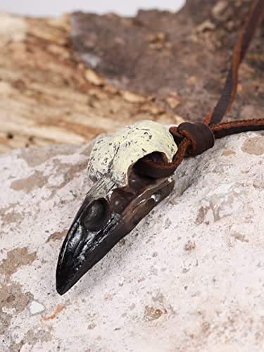 HAQUIL Raven Skull Necklace, Viking Gothic Witchy Bone Resin Raven Bird Skull Replica Pendant, Adjustable Leather Cord, Gothic Jewelry Gift3
