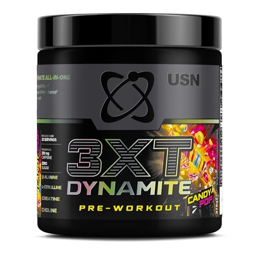 USN 3XT Dynamite Pre Workout Powder (30 Servings – 375g). Pre- Workout Energy Drink with Natural Caffeine (250mg), Citrulline, Creatine, Beta Alanine, Choline, Taurine and Zero Sugar – Candy Pop