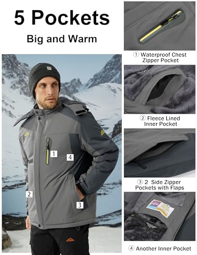 MAGCOMSEN MAGCOMSEN Herren Wasserdicht Outdoorjacke Fleece Skijacke Warm Winddicht Wanderjacke Männer Softshell Winter Jacke Outdoor Übergangsjacke mit Multi Taschen Hellgrau M - Zusatzansicht 4 | TV | Video | Foto