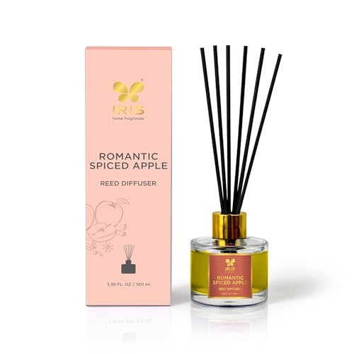 Image of IRIS Aroma Reed Diffuser - 100ml | Elegant Home Fragrance with 6 Fiber Reeds, Glass Round Bottle with Gold Cap | Aroma Diffuser for Cozy Decor & Gifting (Spiced Apple)