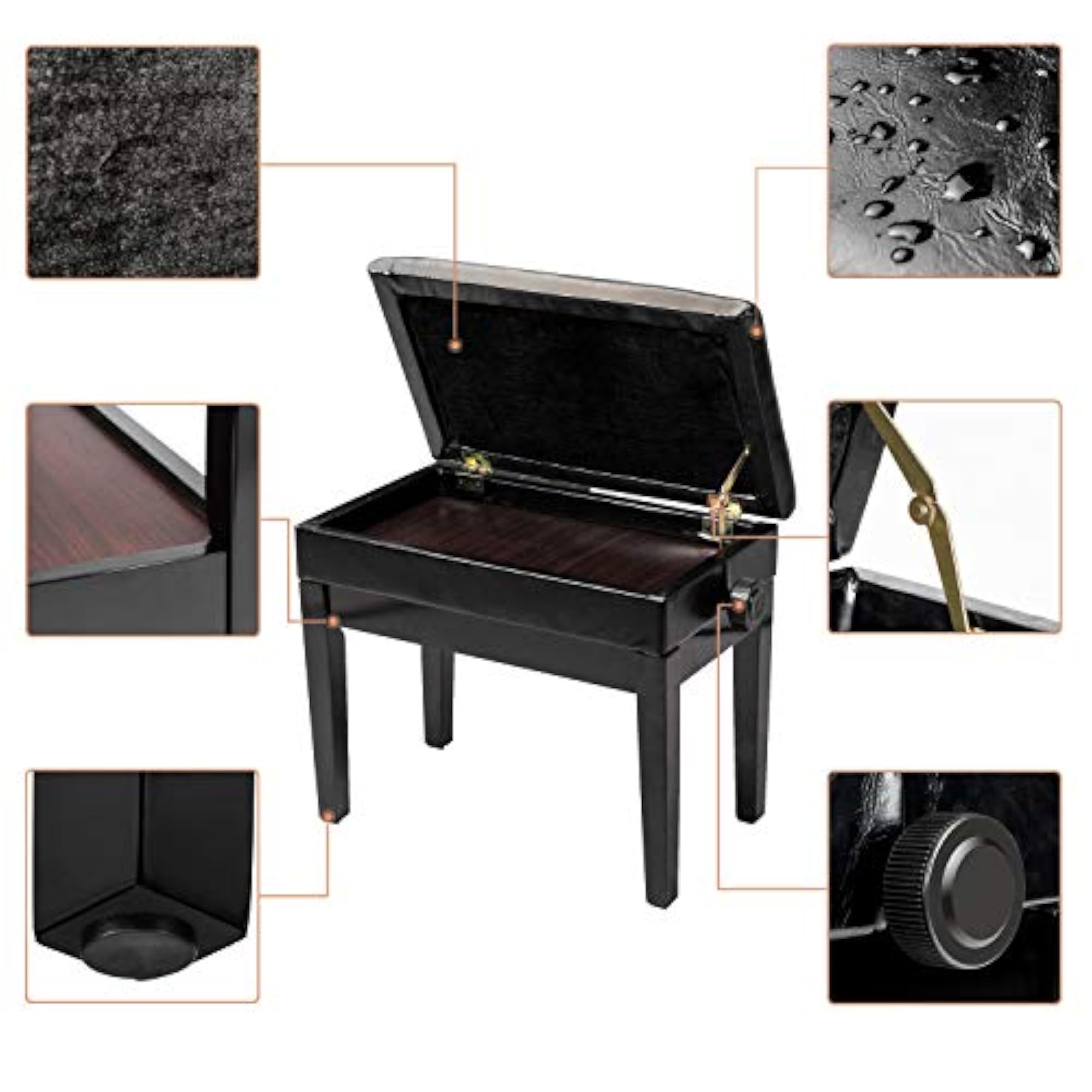 Adjustable Faux Leather Piano Bench with Storage
