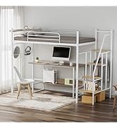 DEWEL ロフトベッド パイプベッド シングル ベッドフレーム 2段ベッド loft bed 大人用/子供 寮 階段 収納 宮棚付き コンセント付き スチールネット付き ハンガーラック付き ハ...