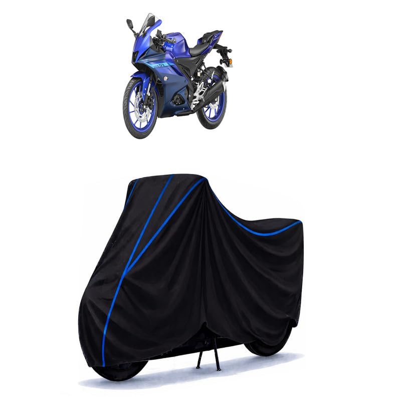 Image of R15 V4 Bike Cover Water Resistant Universal Motorcycle Rain | Heavy Duty UV Protection, Dust, Scratch Indoor Outdoor All Weather with Black Blue Piping Elastic